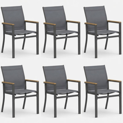 Ensemble de 6 chaises de patio toutes saisons en aluminium gris avec filet en textilène et accoudoirs en HDPS