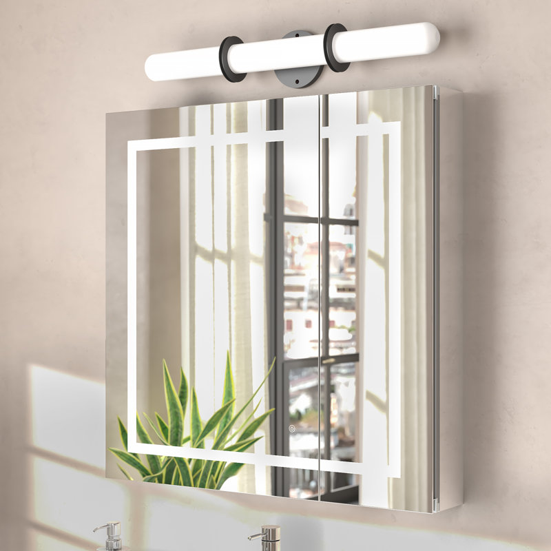 Armoire à pharmacie avec désembueur à DEL, l 36 po x H 30 po x P 5 po Donnie, gradateur, miroir grossissant à DEL réglable 3X, prises électriques