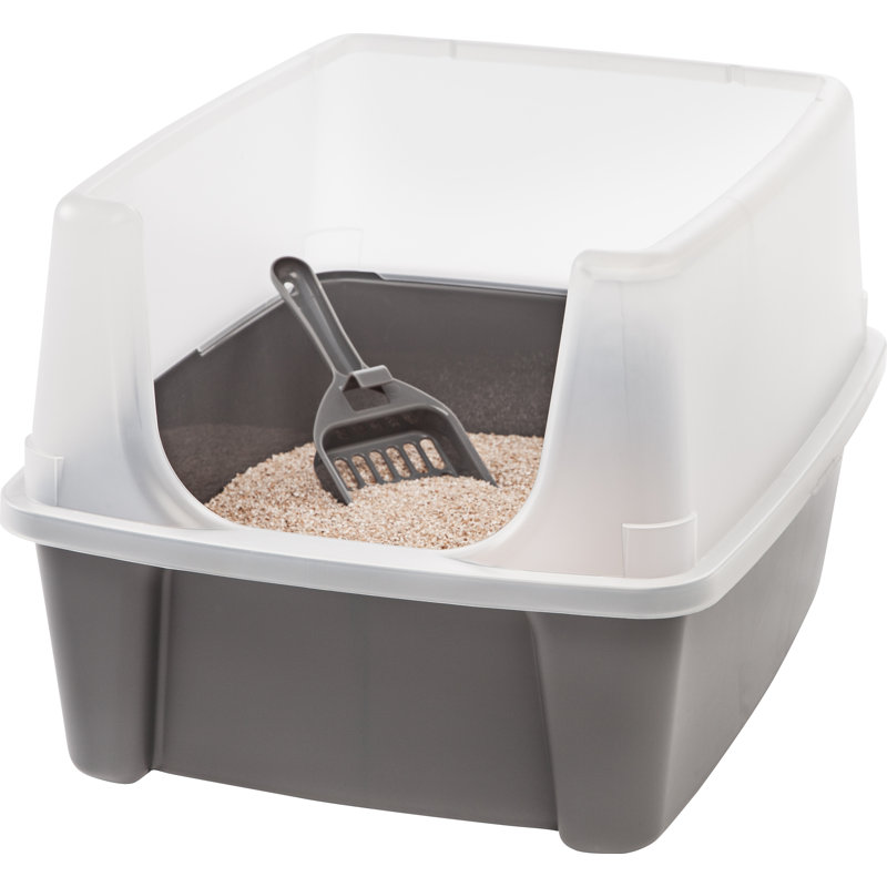 Open-Top Plastic Cat Litter Box with Shield with Scoop, Tornado Gray