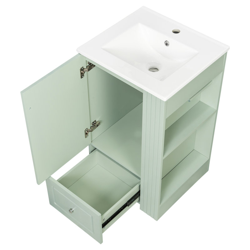 Meuble-lavabo de 20 po avec lavabo, petite armoire moderne avec 1 porte et 1 tiroir, tablettes latérales ouvertes avec barre à serviettes, fabrication en panneau de fibres à densité moyenne