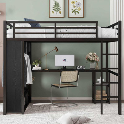 Loft Bed Frame With Built-In Wardrobe, Metal Loft Bed With Desk
