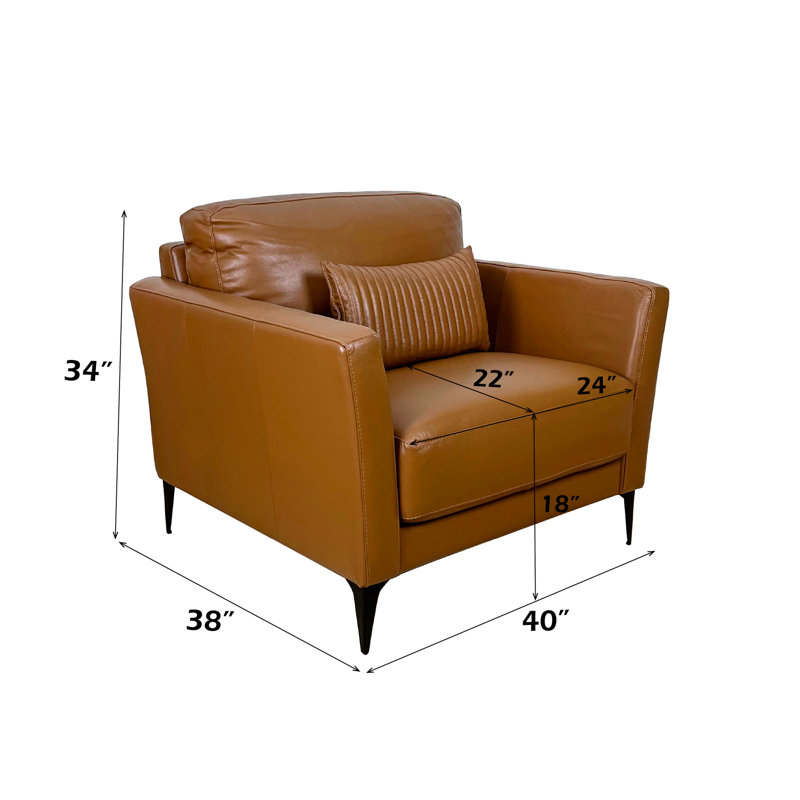 Fauteuil en cuir beige avec coussin inclus, pieds en métal, assise entièrement en mousse, rembourrage ferme, hauteur 86 cm, capacité de charge 100 kg, assise et dossier de type selle, densité D28, largeur 102 cm, charge maximale