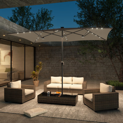 11x7Ft LED Patio Table Double-Sided Umbrellas with UV-Resistant Canopy and Crank for Garden, Deck and Poolside