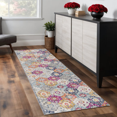 Tapis de couloir floral 9 pi gris et bleu ciel