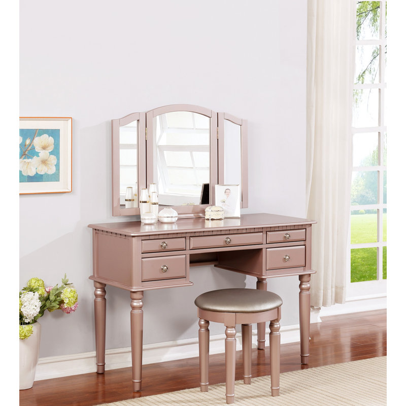 Ensemble de coiffeuse contemporaine avec miroir pliable, tiroirs de rangement et tabouret rembourré pour chambre à coucher - or rose + bois massif + classique + contemporain