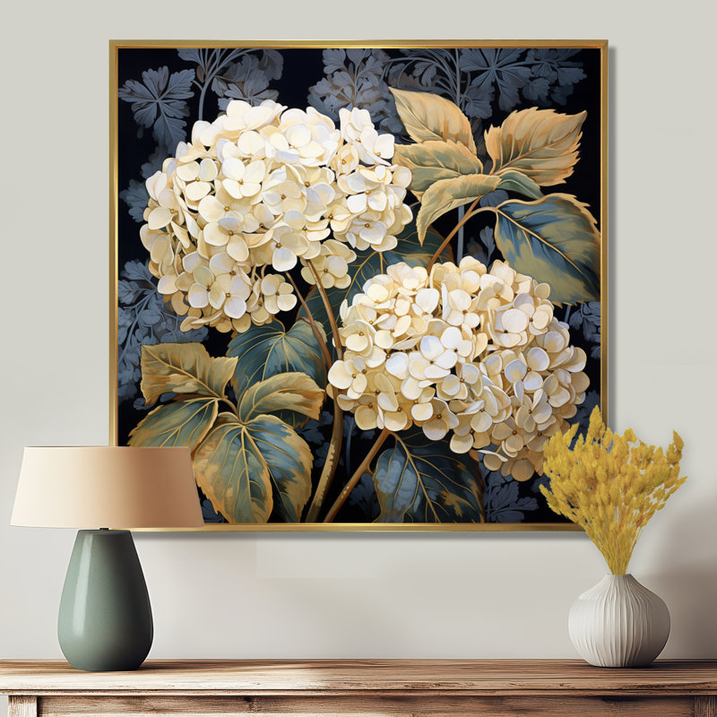Illustration rétro de fleur d'hortensia blanc - art mural hortensia, H 36 po x l 36 po, Cadre flottant doré, bois massif