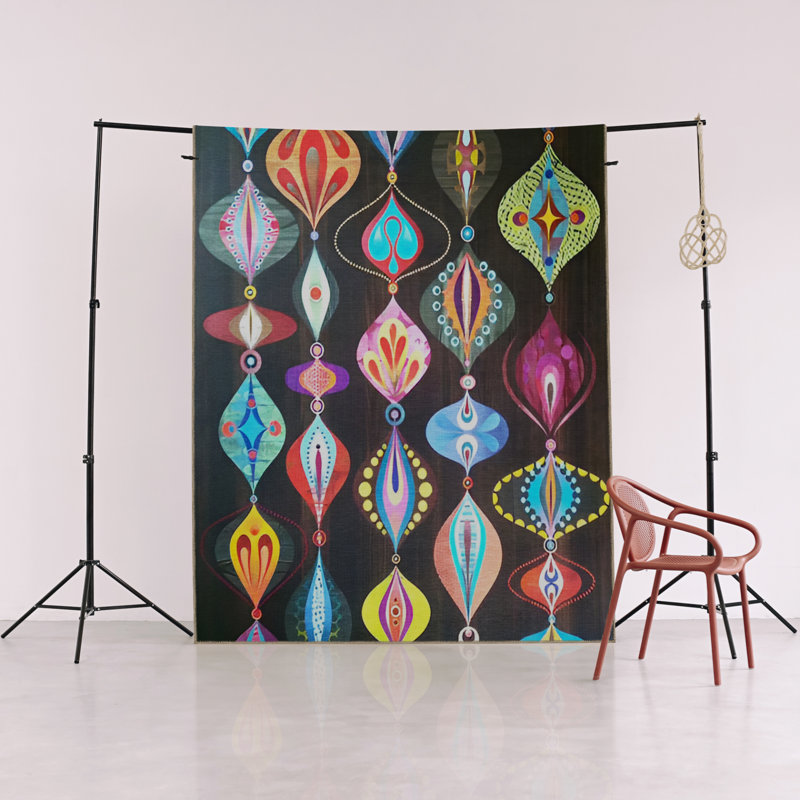 Black-Themed Multi-Colored Surrealist Shape Patterned Creative Modern Decorative Rug, Runner 2'7" x 9'10"