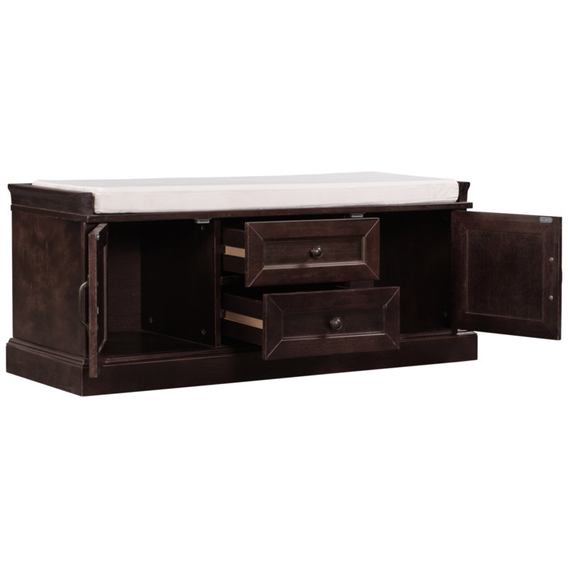 Banc de rangement avec 2 tiroirs et 2 armoires, banc à chaussures avec coussin amovible pour le salon, vestibule, Espresso