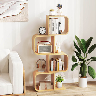 2 Pcs 4-tier S-shaped Bookcase With 4 Open Cubes Geometric Corner Display Shelf