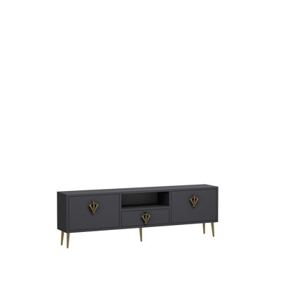 Modern TV Stand with Wall-Mount Option, Anthracite & Gold, 55.1 x 17.7 x 11.8 inches | 100% Melamine Coated Particle Board, Thickness: 0.7 inches | Multiple Shelves for Storage, Stylish and Functional Design