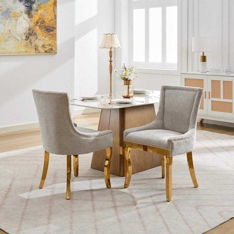 Liora Modern Glam Chenille Upholstered Dining Chairs with Gold-Plated Legs and Seamless Contour Design, Beige