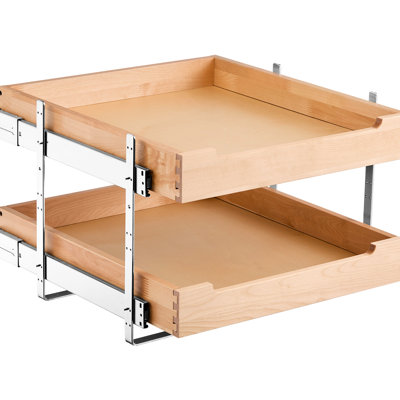 Wood 2 Tier Pull Out Drawer For Cabinet, Soft Close Slide, Metal Tracks, Adjustable Height Solid Organizer, Settings