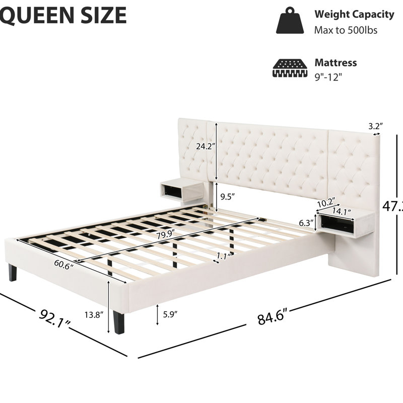Grand lit plateforme tapissier en velours de luxe avec tête de lit, 2 tables de chevet, beige, sans sommier, option d'assemblage rapide