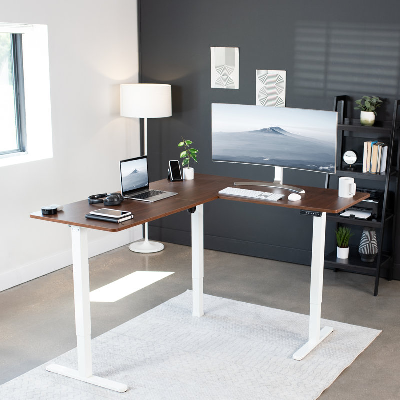 Dark Walnut and Black L-Shaped Adjustable Standing Desk with Keyboard Tray