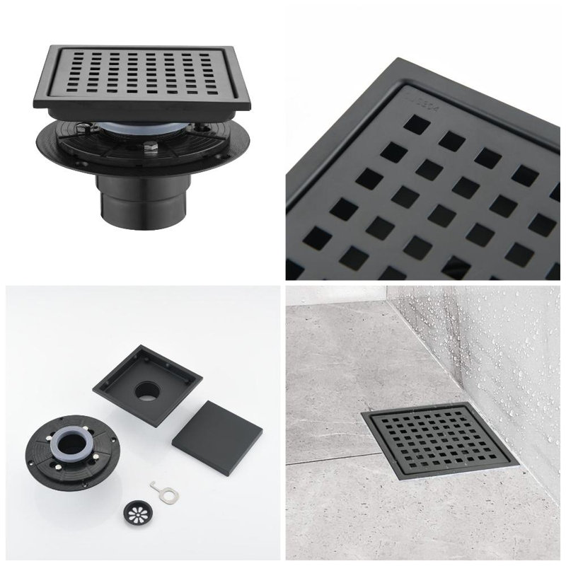 6" Classic Square Shower Floor Drain, Black