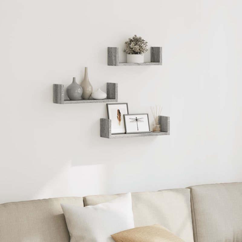 Abdulkadir 3 Piece Solid Wood Floating Shelf Set, Concrete Grey, 10.5cm H x 40cm W x 10cm D