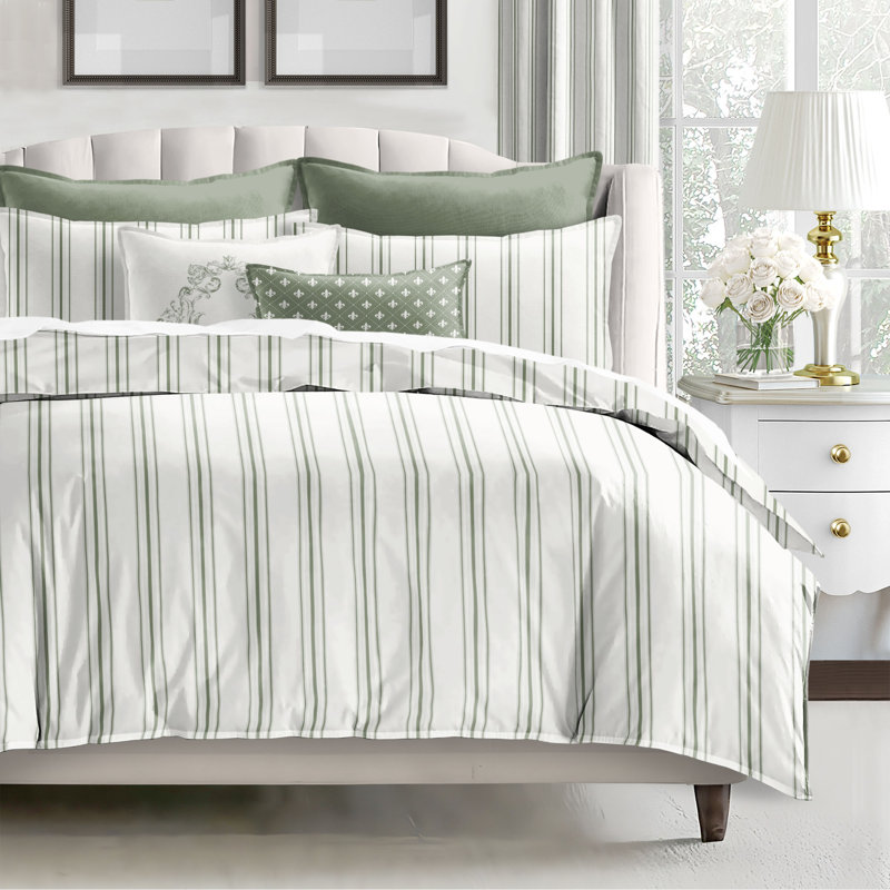 August Stripe Reversible Cotton Duvet Cover Set, Full Duvet Cover + 2 Standard Shams, Sweet Grass