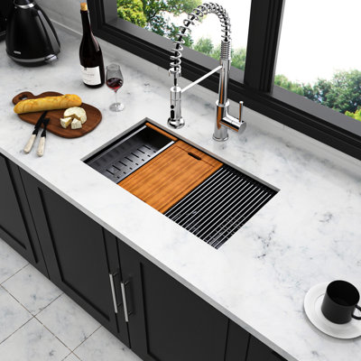 Gunmetal Black Workstation Sink, 28X18x10, 16 Gauge Stainless, Strong Construction, Soundproof, With Installation Instruction, Colander And Noise Reduction Kit Undermount 28X18x10 Inch, 16G