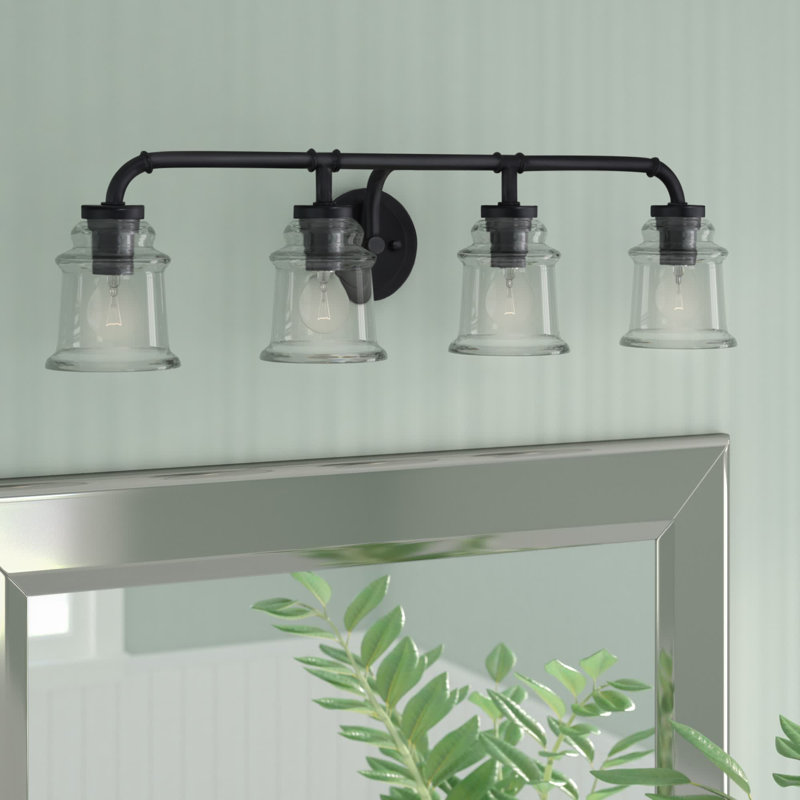 Akini 4-Light 30.5 inch Wide Matte Black Industrial Bathroom Vanity Lighting Fixture, Clear Glass Shade, Dimmable, LED Compatible, Over the Mirror Mounted Steel Wall Sconce