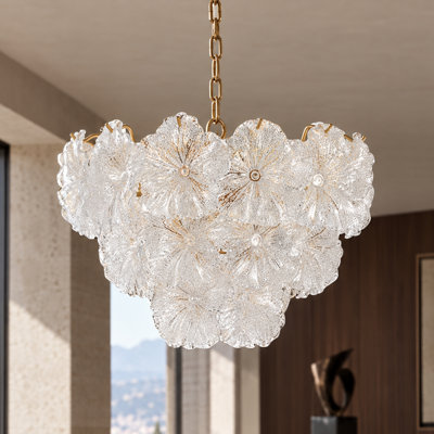 Lustre à 6 lumières et 3 niveaux en verre texturé floral de 45,7 cm (18 po), laiton antique
