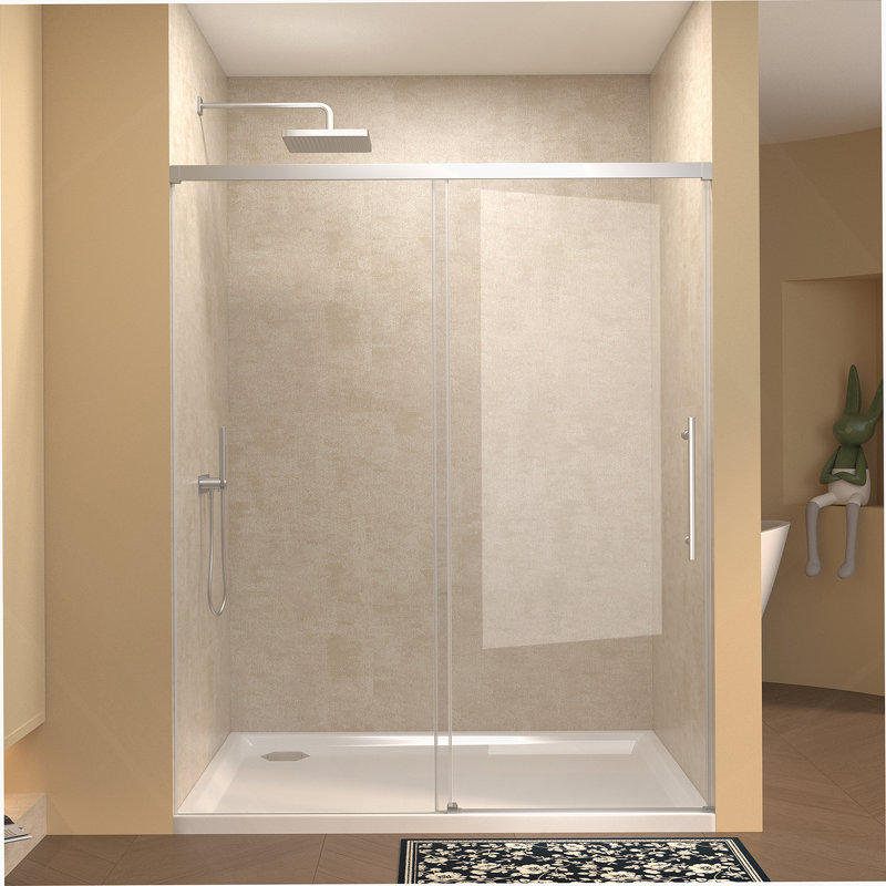 48" Width X 72"Height Single Sliding Shower Door,5Mm Fixed Glass And 6Mm Sliding Glass Frameless , Clear Tempered Glass, Stainless Steel Handle,Chrome