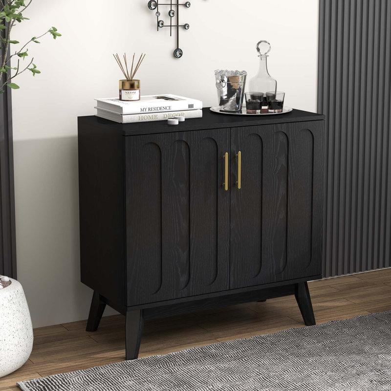 Buffet Mid-Century moderne cannelé avec tablettes réglables et pieds en bois massif, Noir