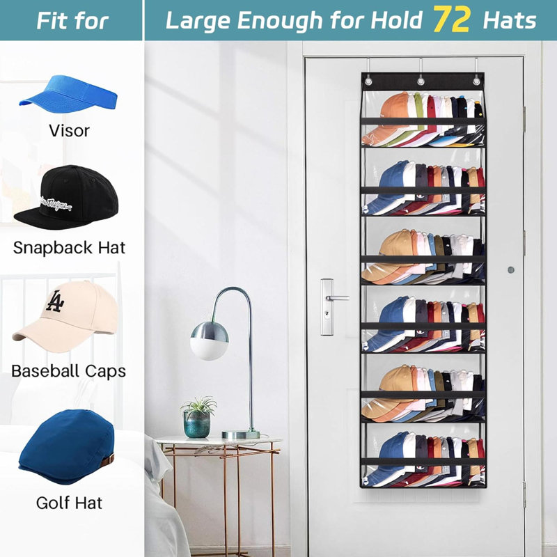 Porte-chapeaux transparents au-dessus de la porte pour casquettes de baseball, grand support pouvant contenir jusqu'à 72 casiers de rangement pour casiers pour mur de placard, poches profondes avec support à chapeau avec 3 crochets