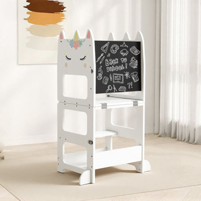 3-in-1 Folding Montessori Learning Tower With Chalkboard, Kitchen Step Stool And Table Set