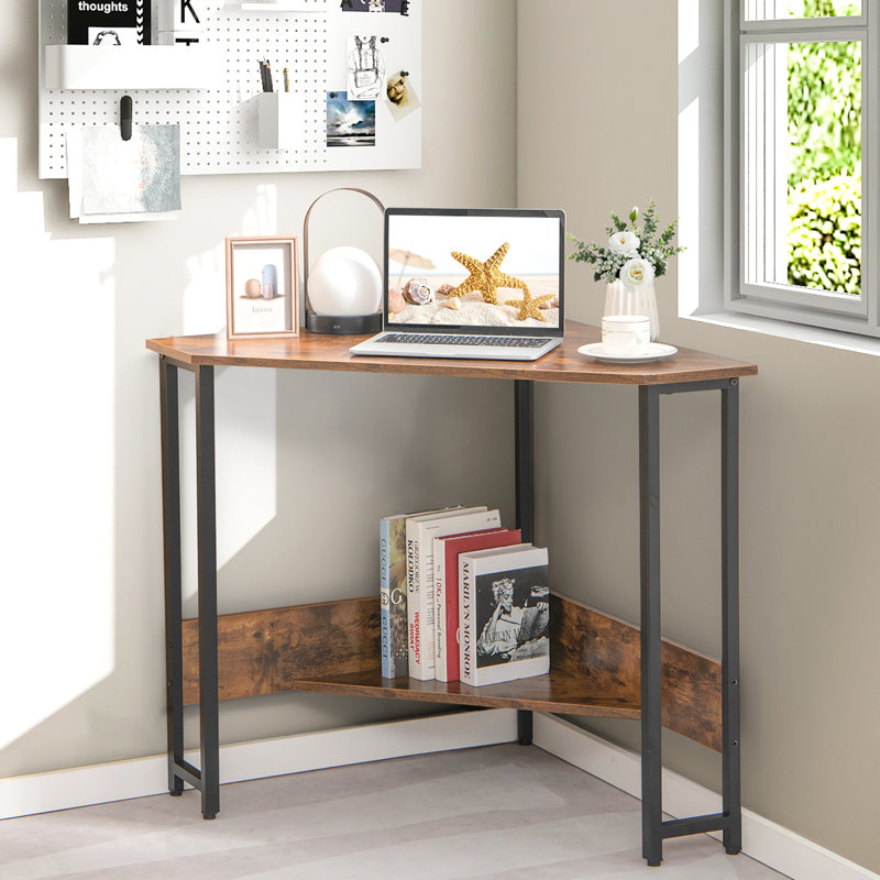 Bureau d'ordinateur en coin avec prises intégrées, Brun rustique