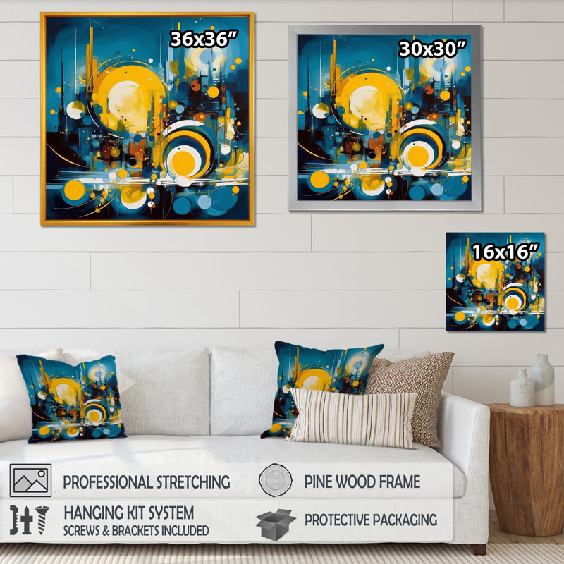Nikkolette, pierre fluide bleue et jaune II sur toile, H 30 po x l 30 po x P 1 po, Toile tendue