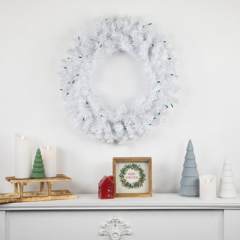 Couronne de Noël artificielle pré-éclairée en pin blanc Woodbury, Lumières vertes