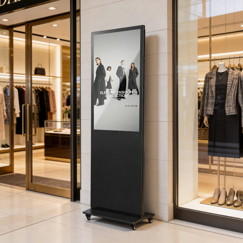 Kiosque de publicité sur pied 43 po avec affichage numérique intérieur sur pied 43 po, avec entrée Wi-Fi / USB / USB pour Android, écran large à 178 °, écran ACL interactif, affiche commerciale Totem mobile