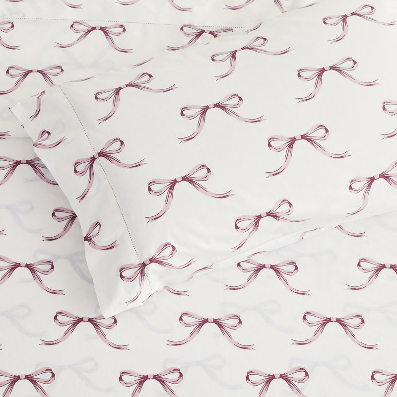 Bows Printed Cotton Percale Sheet Set, Queen Sheet Set with 2 Pillowcases, Pink