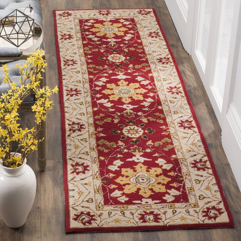 Tapis intérieur/extérieur rouge/ivoire crocheté à la main de style oriental Driffield, Tapis de couloir 2 pi 6 po x 8 pi
