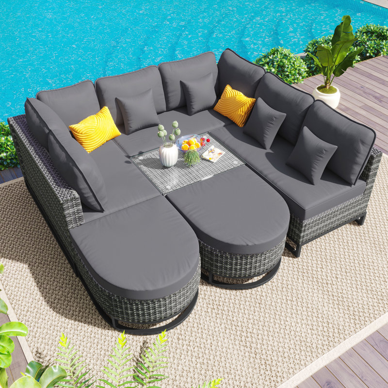 Ensemble modulaire d'extérieur 7 pièces avec 2 tables basses, Gris