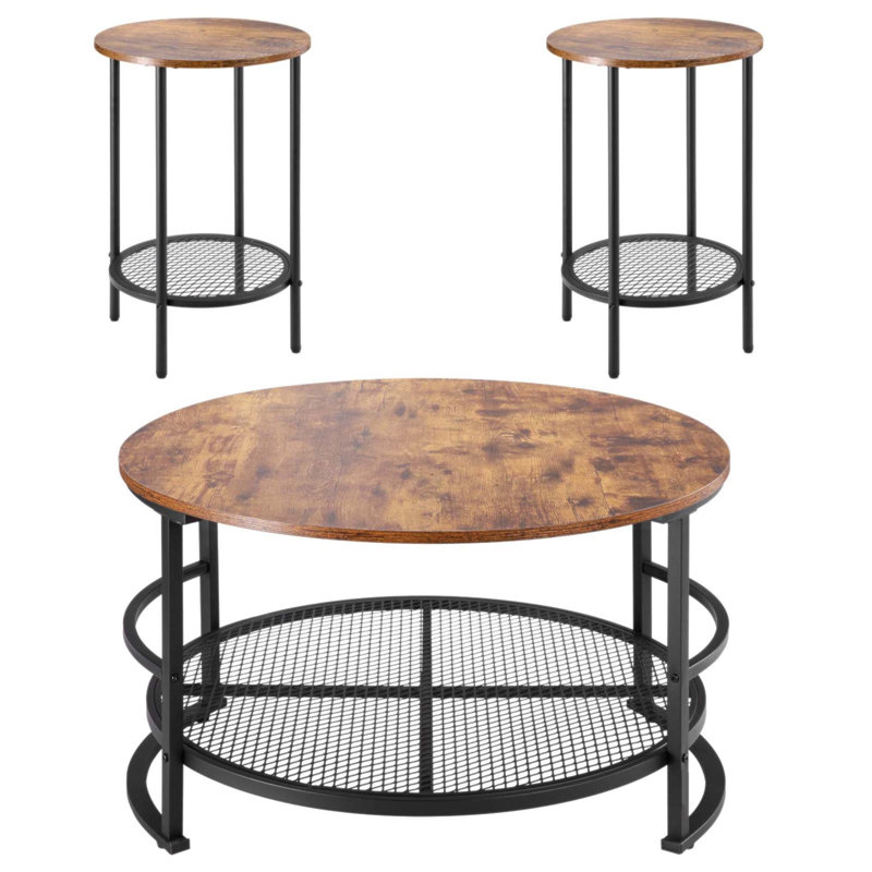 Ensemble de 3 tables basses rondes avec pieds en métal, facile à assembler pour les espaces de vie modernes et industriels