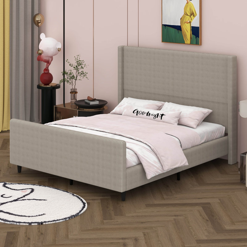Lit plateforme tapissier, tête de lit en velours côtelé de 50,7 po de hauteur avec dossier à oreilles à rayures verticales et pied de lit haut