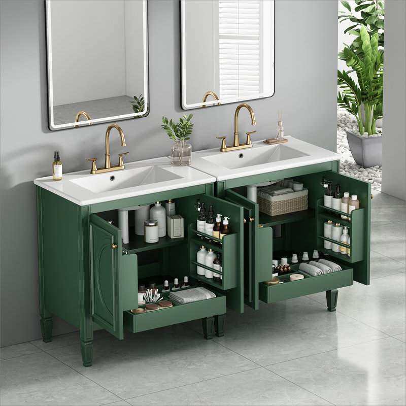 Meuble-lavabo de salle de bain avec lavabo en céramique, tiroir de rangement et portes à fermeture en douceur, Vert