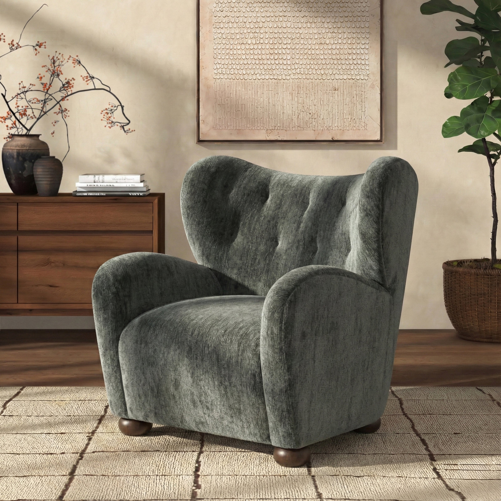 Levin Wingback Chair, Dark Green Chenille