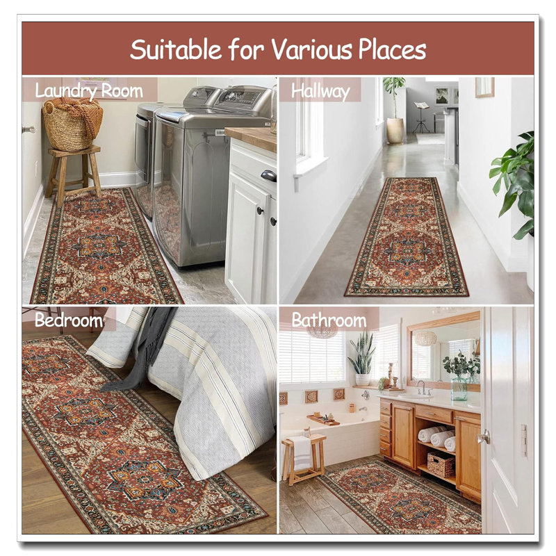 Ultra-Thin Washable Runner Rug 2X7 Brown - Boho Non-Slip Low Pile Carpet For Kitchen Hallway Living Room Bedroom Bathroom Camper