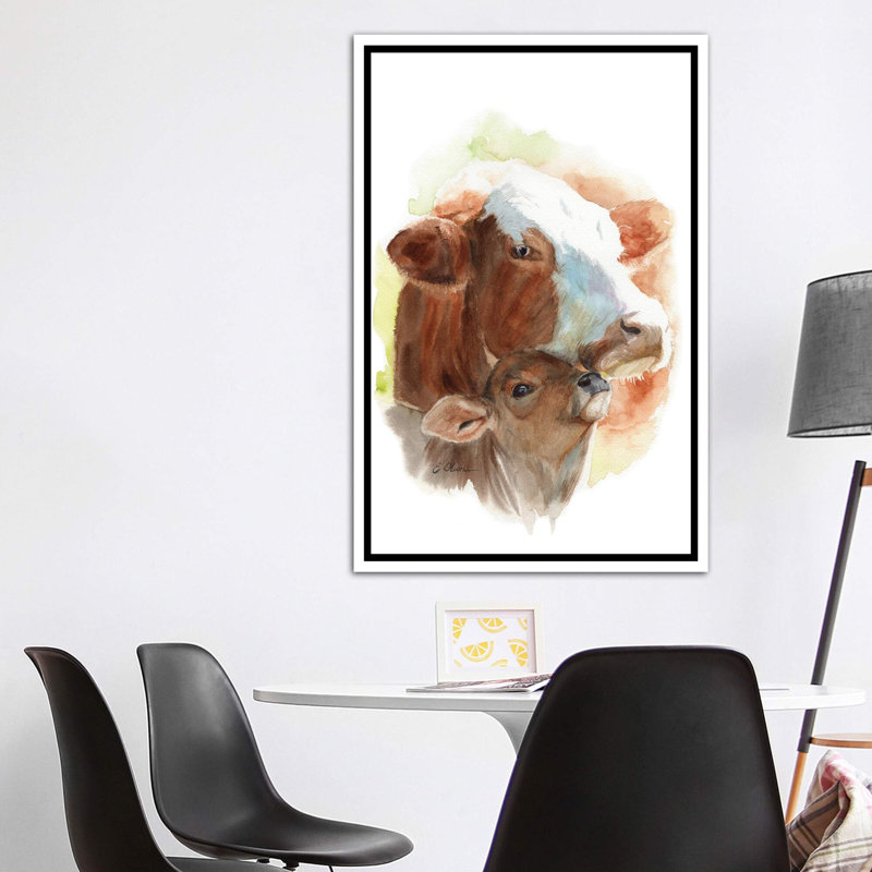 «Mother and Baby Cows» par Watercolor Luv - reproduction d'art, H 60 po x l 40po x P 1,5 po, Toile blanche encadrée