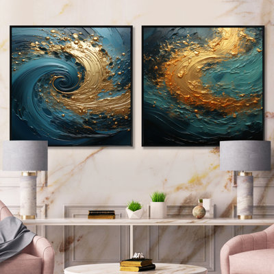 Golden Emerald Surge - ensemble de 2 collages carrés en spirale abstraite
