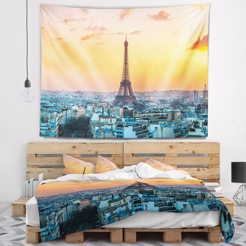 Tapisserie cityscape eiffel au soleil à paris, H 32 po x l 39 po