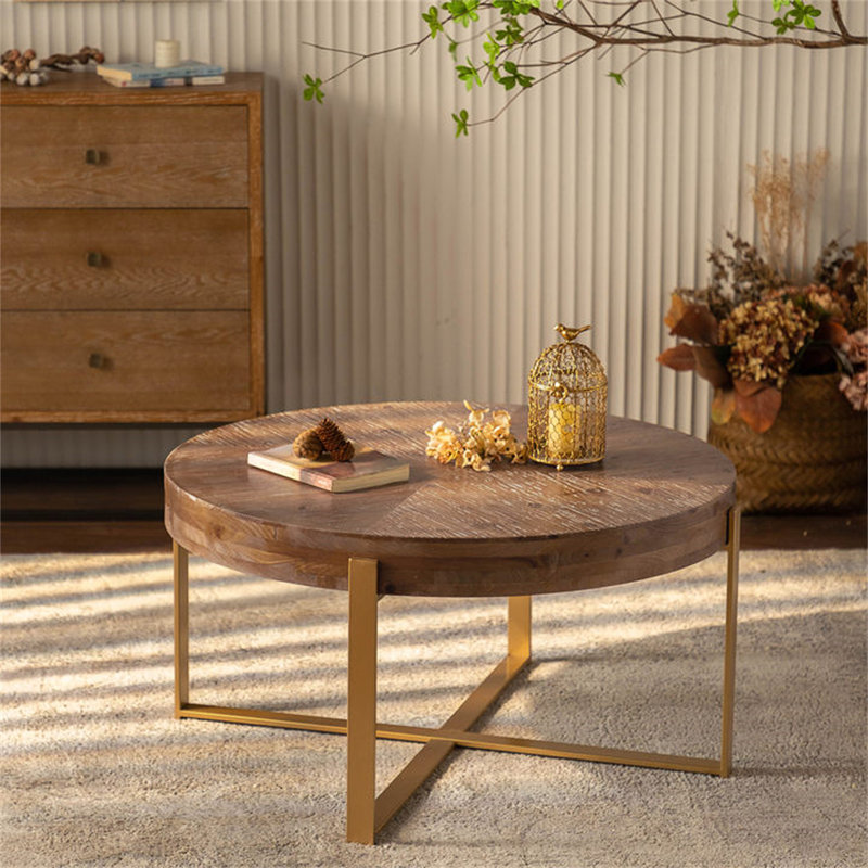 33.86"Modern Retro Splicing Round Coffee Table(Only Table), Walnut, 17.72" H x 33.86" L x 33.86" W, Gold