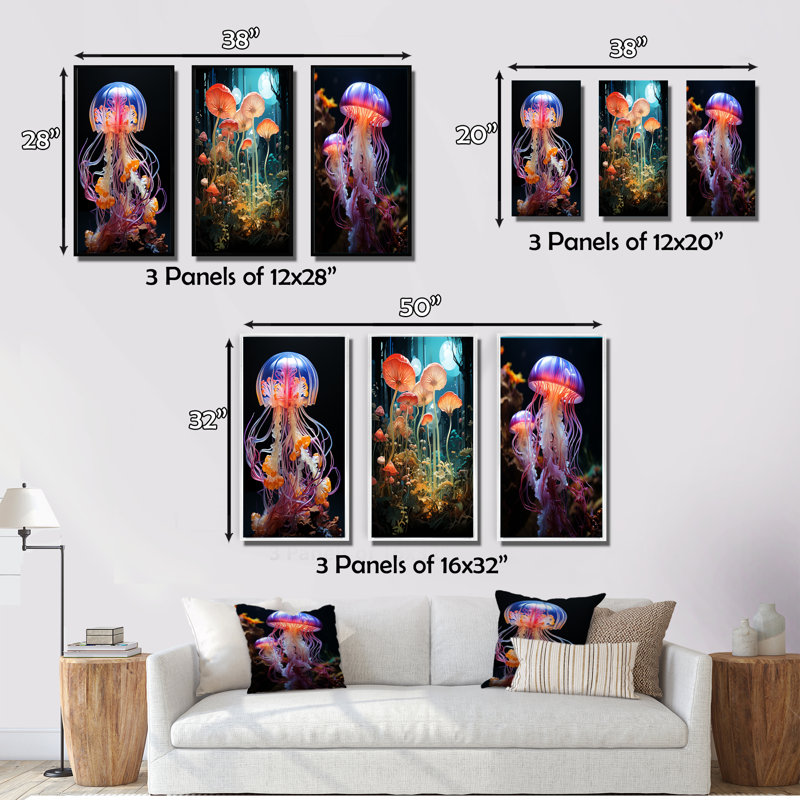 «Jellyfish Luminescent Beauty Pastoral», 3 pièces sur toile, Toile tendue, H 28 po x l 36 po
