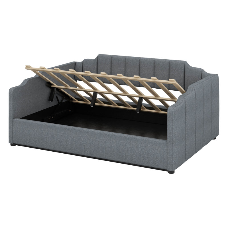 Lit de jour double (rembourré) avec espace de rangement inférieur, Gris