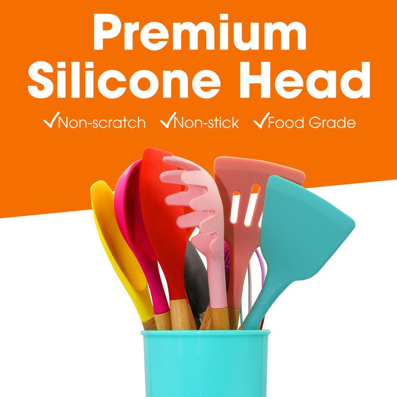 Cheer Collection 12 Piece Multicolor Silicone Spatula Set with Wooden Handles