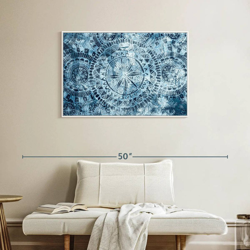 Mandalas tribaux bleus, Cadre flottant blanc, 37 po x 25 po