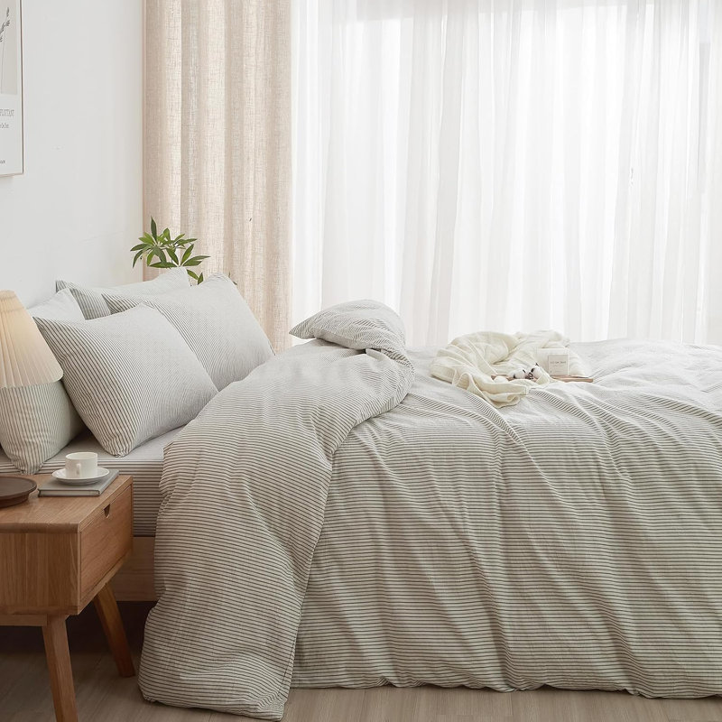 LIFETOWN Striped Duvet Cover Set,3 Pcs Breathable Durable 100% Washed Cotton Comforter Cover for All Seasons, Chic Linen Like Textured Bedding Set.