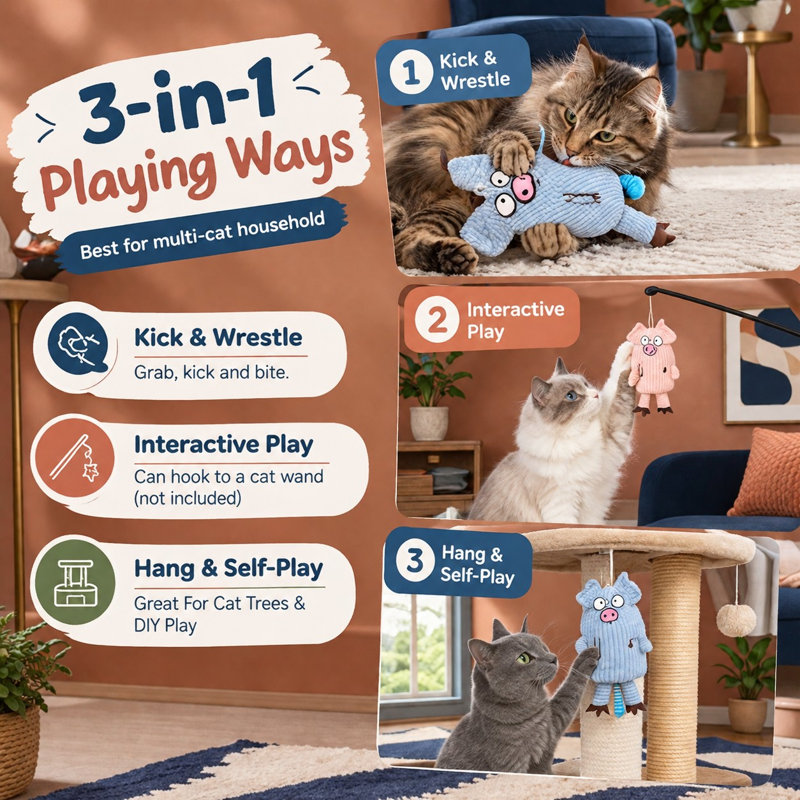 Ces 2 jouets pour chats d'intérieur contiennent 8000 mg d'herbe à chat naturelle de qualité A+ Silvervine Crinkle et utilisent un design de cochon avec une clochette et une queue élastique, ainsi qu'une peluche de qualité bébé pour mâcher, nettoyer les dents et permettre aux chatons de donner des coups de patte.